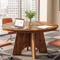 47" Solid Wood Round Conference Table, Farmhouse Meeting Table for 4-6 People for Conference Room