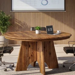 47" Solid Wood Round Conference Table, Farmhouse Meeting Table for 4-6 People for Conference Room