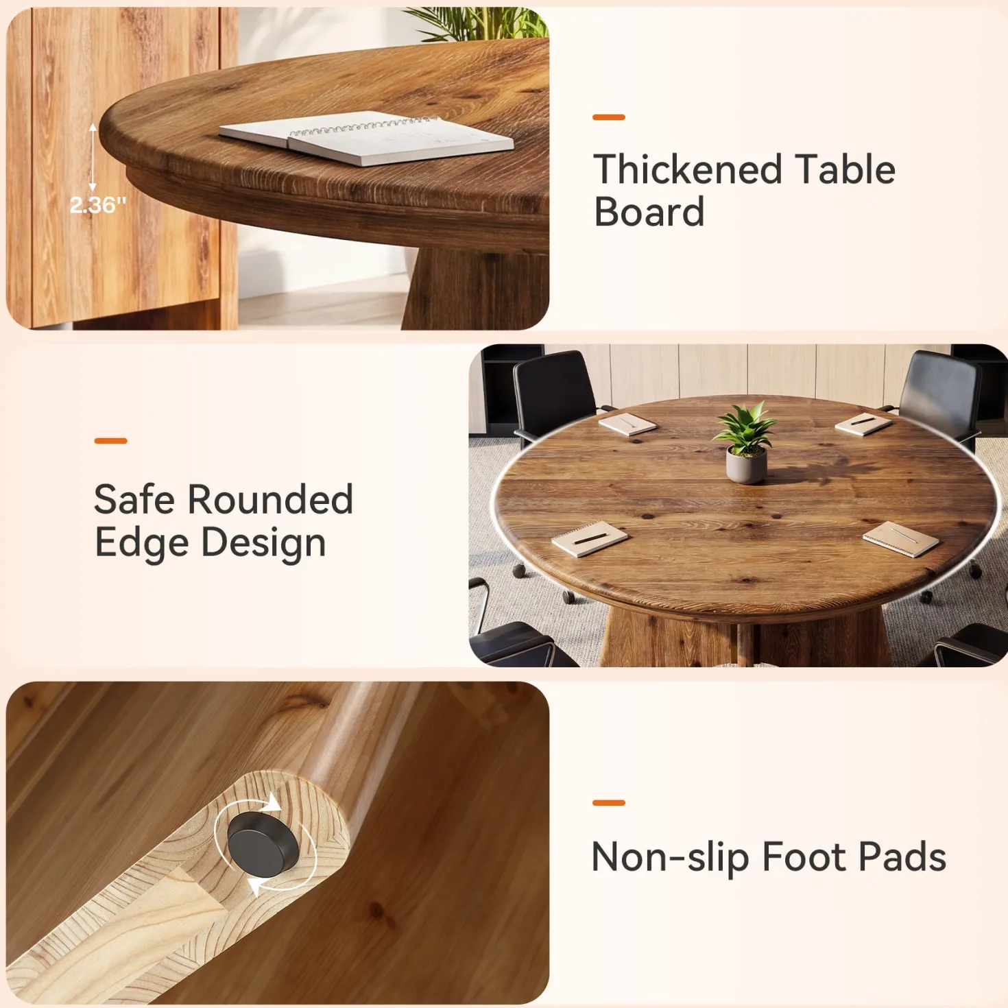 47" Solid Wood Round Conference Table, Farmhouse Meeting Table for 4-6 People for Conference Room