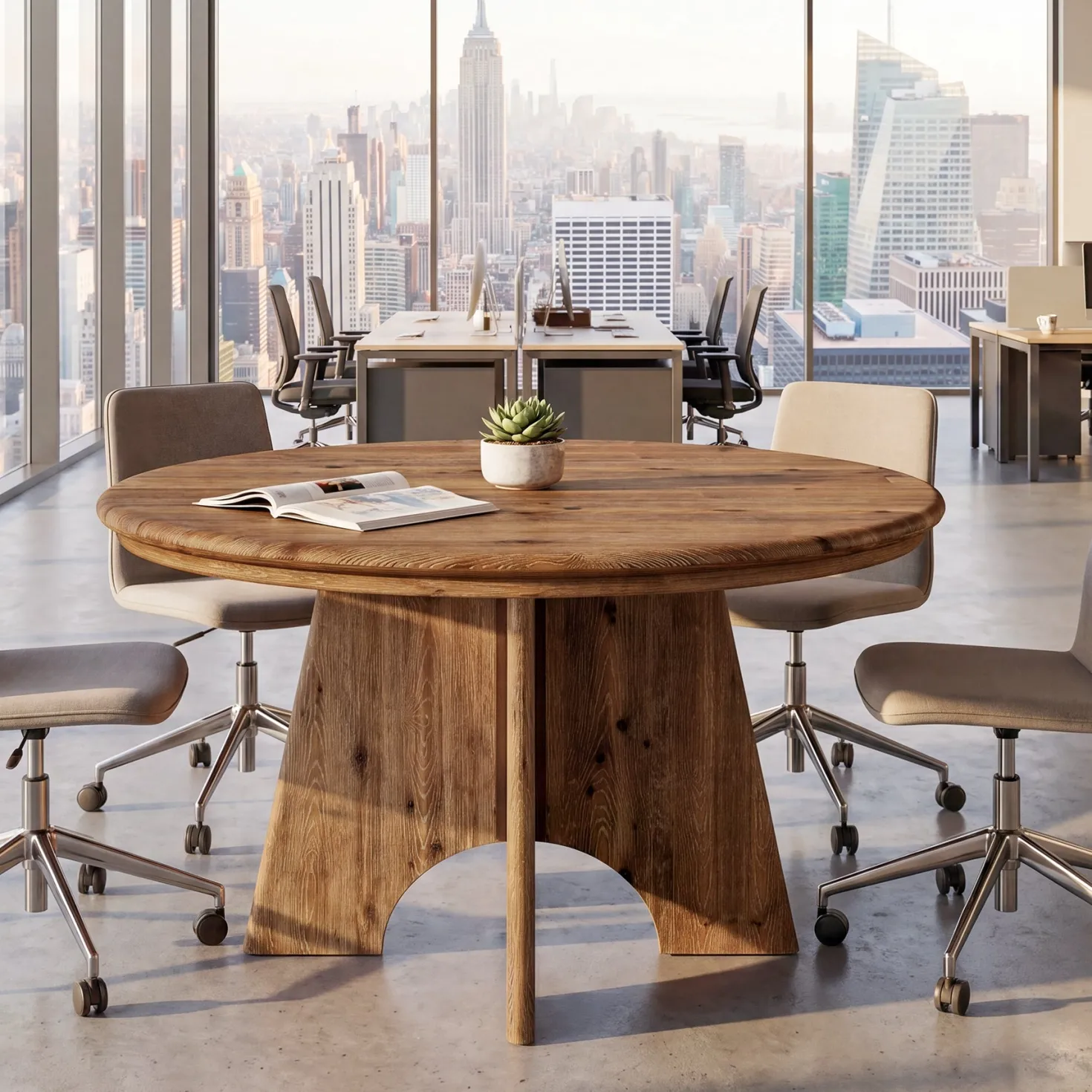 47" Solid Wood Round Conference Table, Farmhouse Meeting Table for 4-6 People for Conference Room
