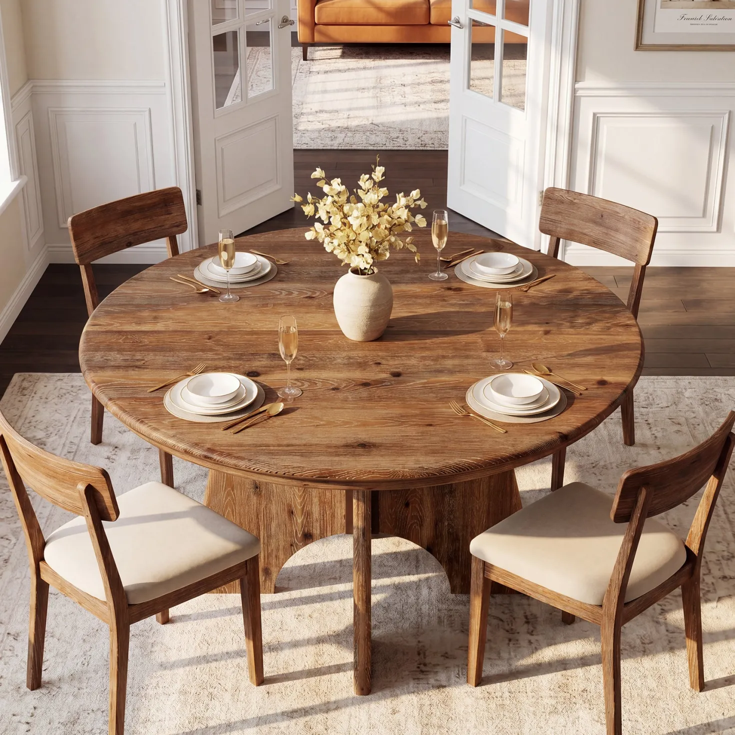 47" Solid Wood Round Dining Table, Farmhouse Kitchen Table for 4-6 People for Dining Room