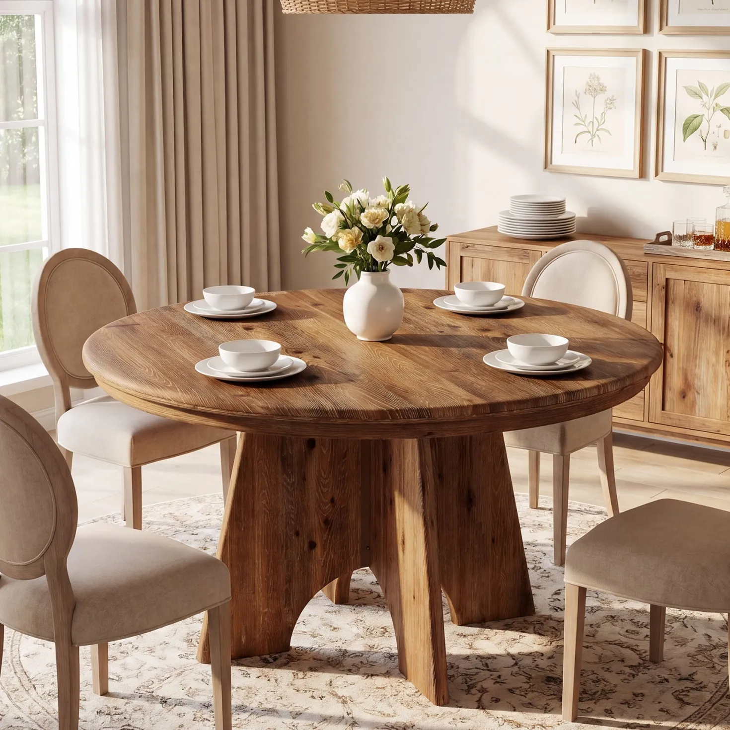 47" Solid Wood Round Dining Table, Farmhouse Kitchen Table for 4-6 People for Dining Room