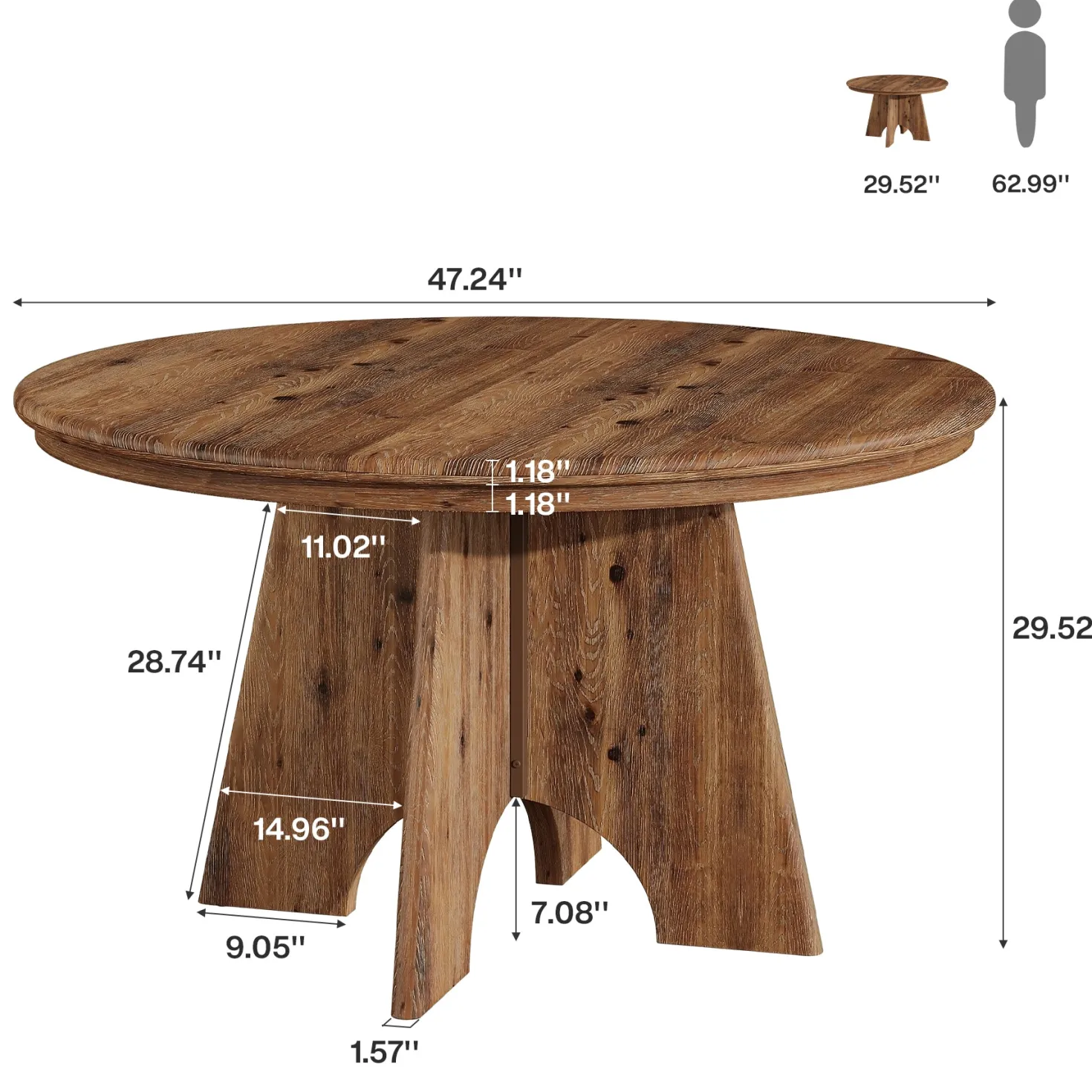 47" Solid Wood Round Dining Table, Farmhouse Kitchen Table for 4-6 People for Dining Room