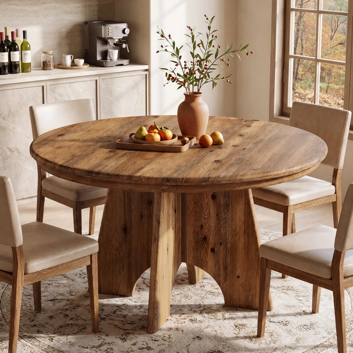 47" Solid Wood Round Dining Table, Farmhouse Kitchen Table for 4-6 People for Dining Room