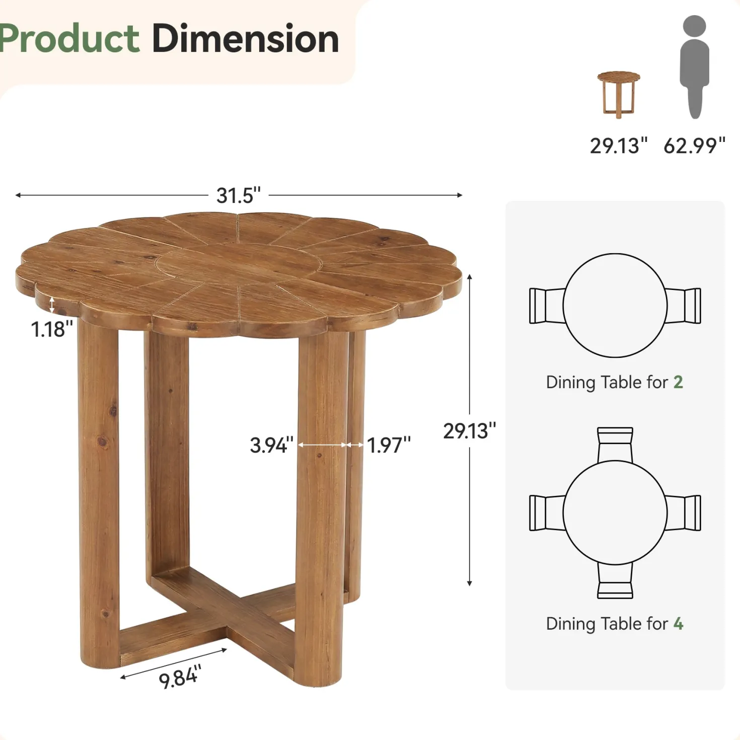 31.5" Solid Wood Round Dining Table, Farmhouse Kitchen Table for 2-4