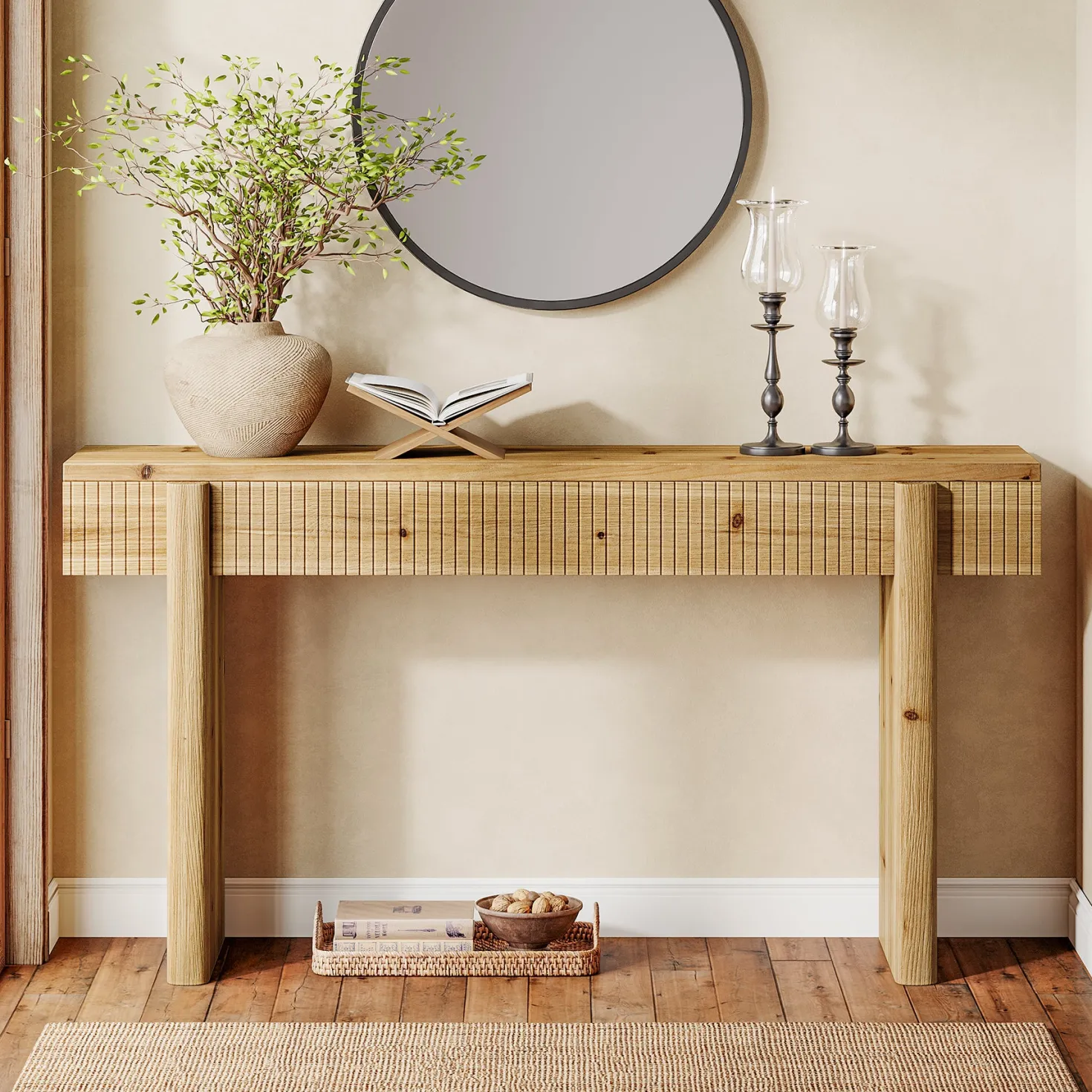 55" Solid Wood Rustic Console Table, Farmhouse Entryway Table Behind Couch for Living Room