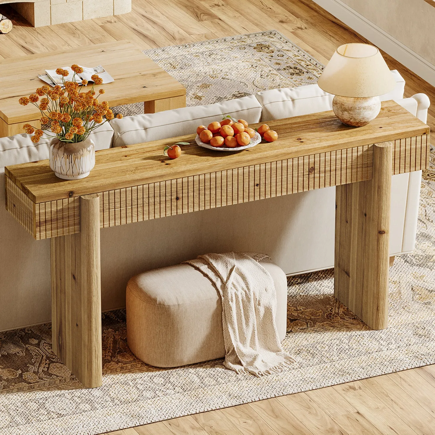 55" Solid Wood Rustic Console Table, Farmhouse Entryway Table Behind Couch for Living Room