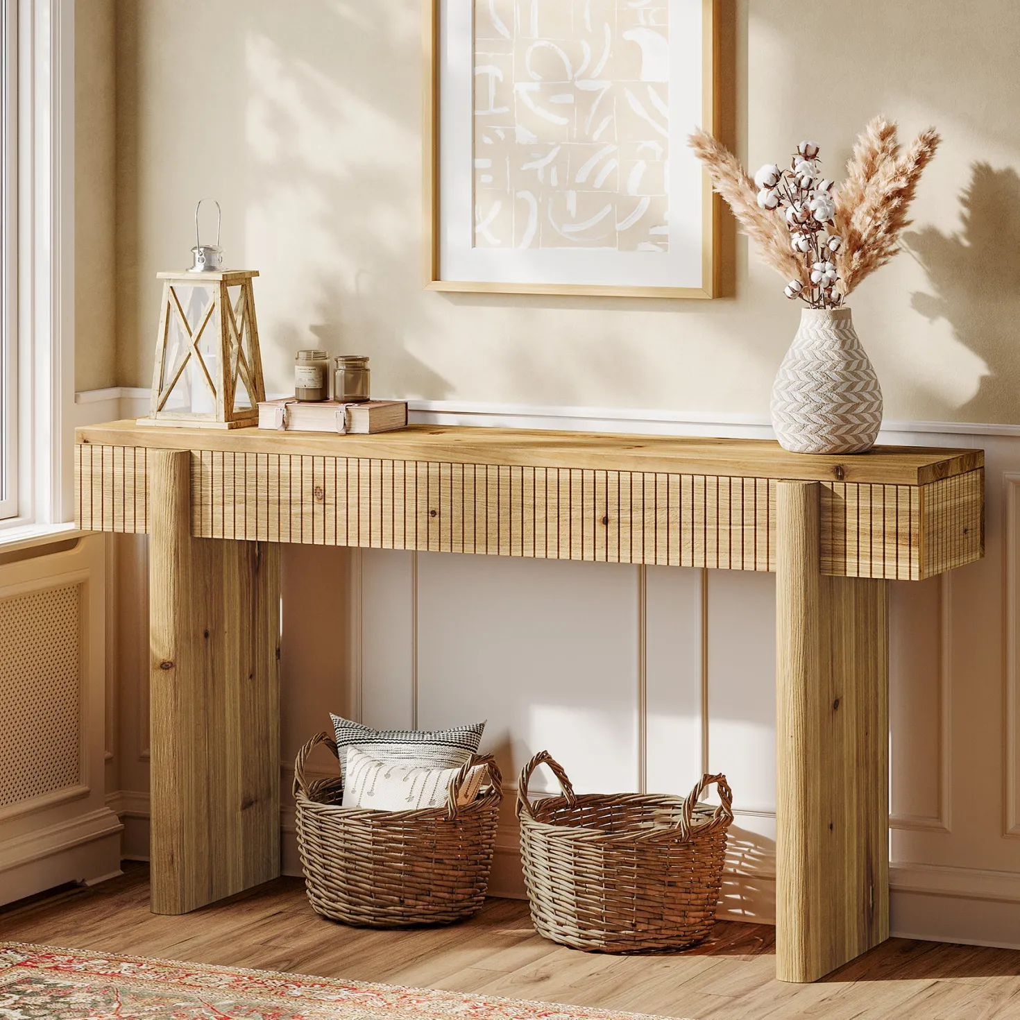 55" Solid Wood Rustic Console Table, Farmhouse Entryway Table Behind Couch for Living Room