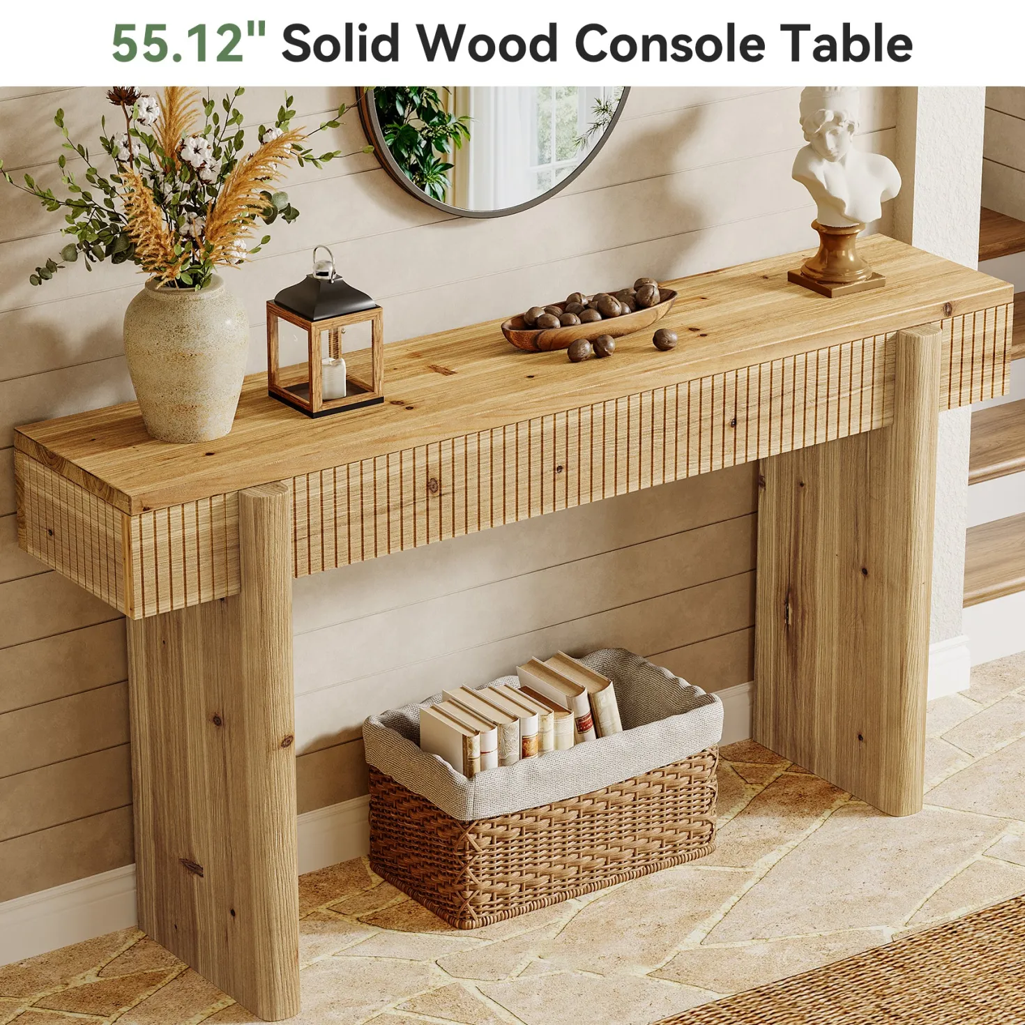 55" Solid Wood Rustic Console Table, Farmhouse Entryway Table Behind Couch for Living Room