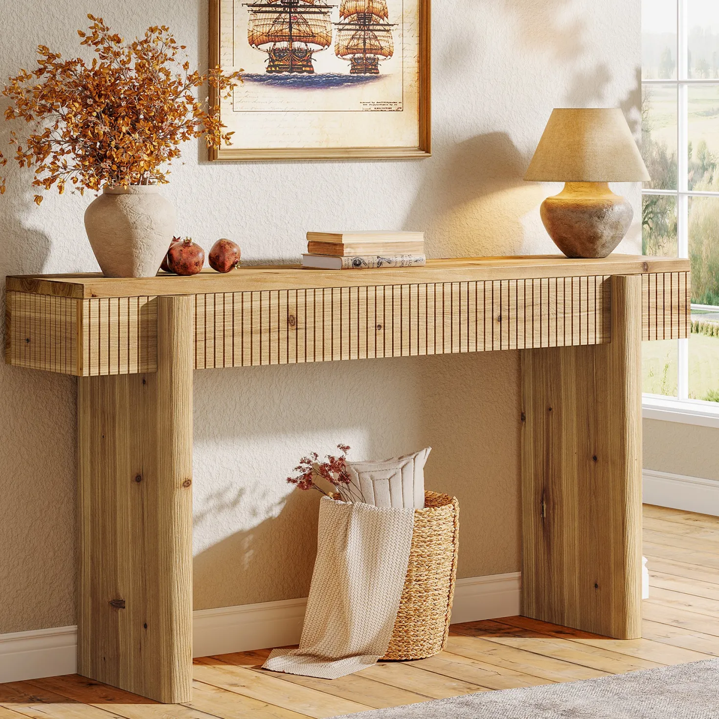 55" Solid Wood Rustic Console Table, Farmhouse Entryway Table Behind Couch for Living Room
