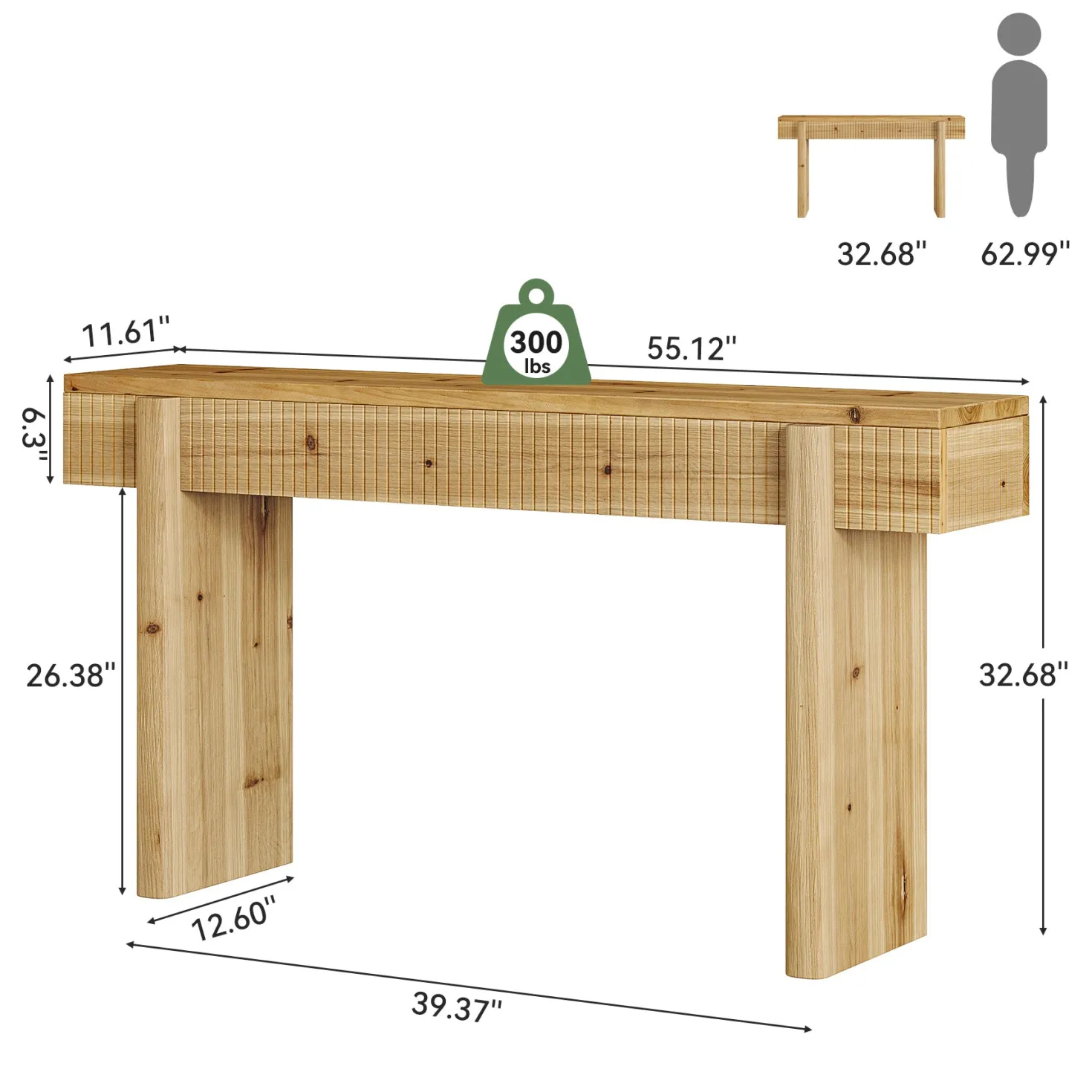 55" Solid Wood Rustic Console Table, Farmhouse Entryway Table Behind Couch for Living Room