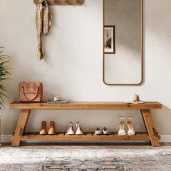 63" Solid Wood Shoe Bench, 2-Tier Entryway Bench with Storage Shelf
