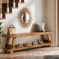 63" Solid Wood Shoe Bench, 2-Tier Entryway Bench with Storage Shelf