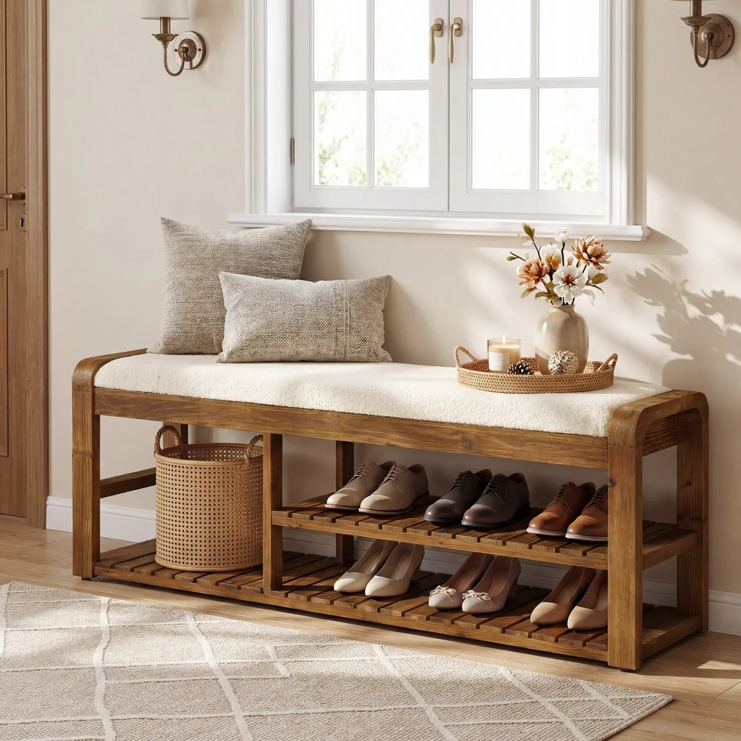 55" Solid Wood Shoe Storage Bench, Upholstered Entryway Bench with Removable Cushion