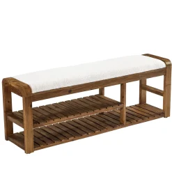 55" Solid Wood Shoe Storage Bench, Upholstered Entryway Bench with Removable Cushion