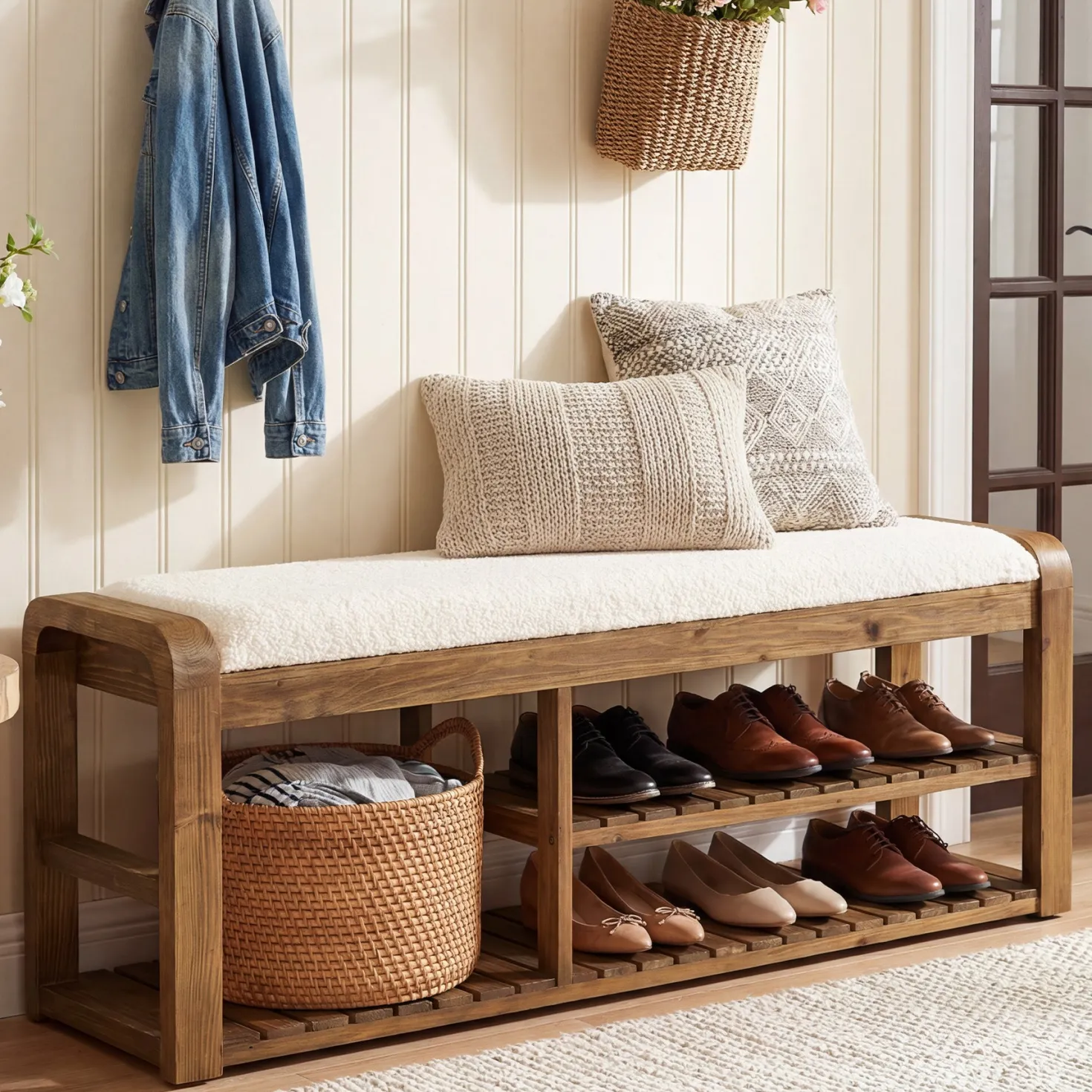 55" Solid Wood Shoe Storage Bench, Upholstered Entryway Bench with Removable Cushion