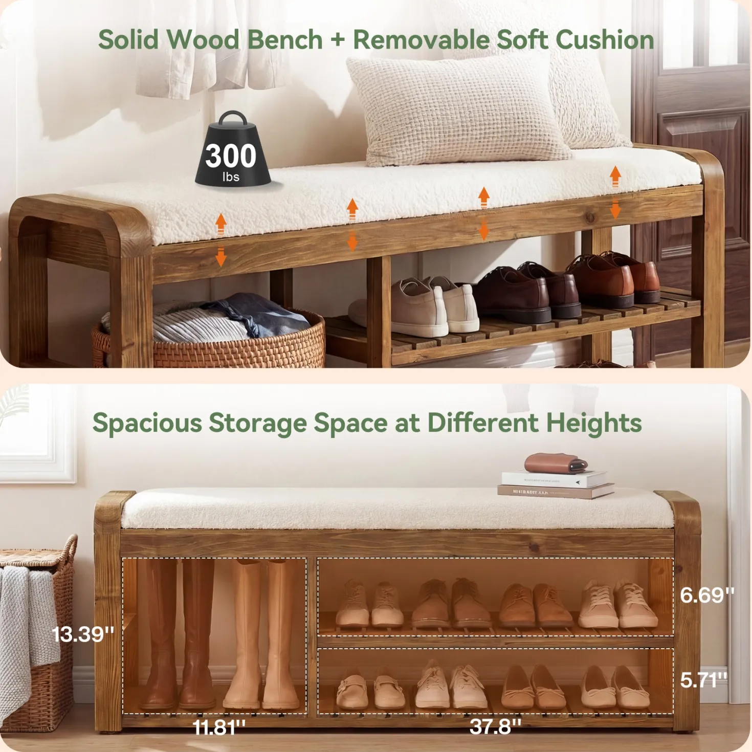 55" Solid Wood Shoe Storage Bench, Upholstered Entryway Bench with Removable Cushion
