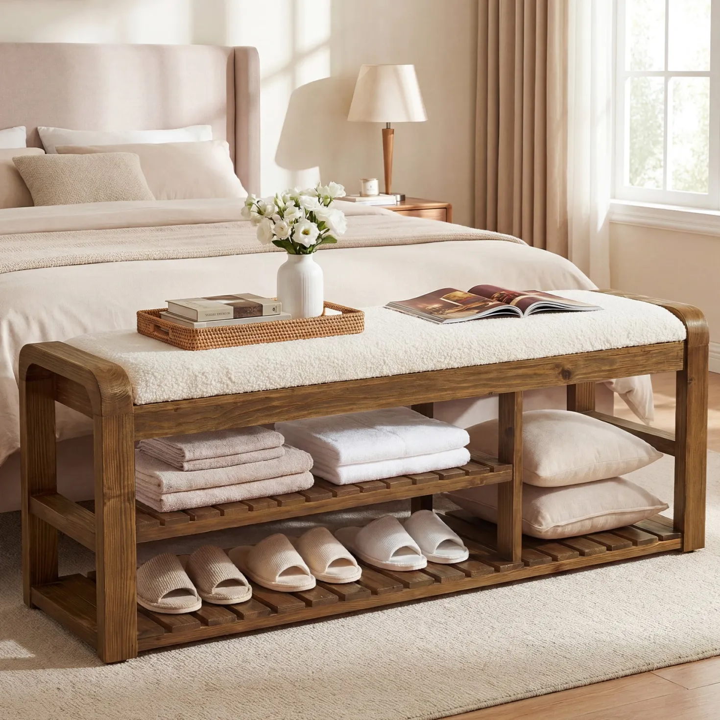 55" Solid Wood Shoe Storage Bench, Upholstered Entryway Bench with Removable Cushion
