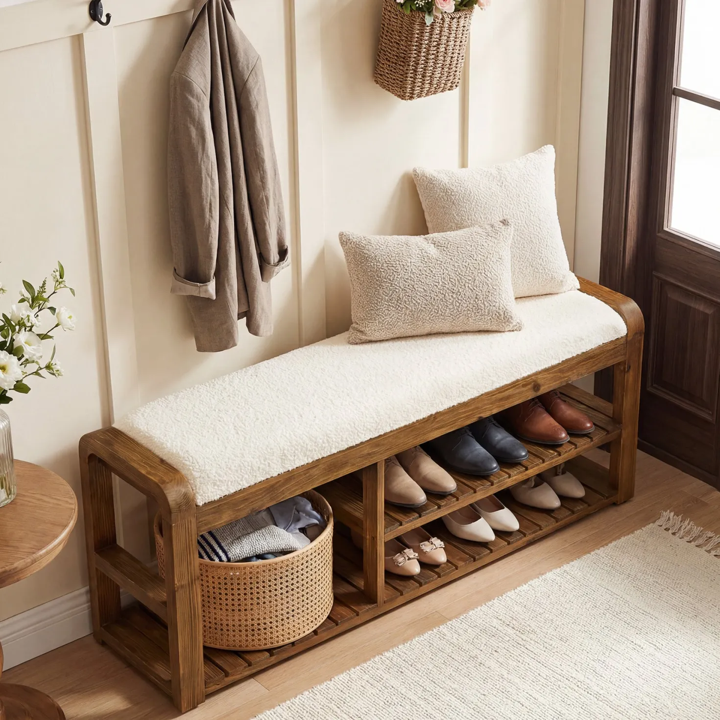 55" Solid Wood Shoe Storage Bench, Upholstered Entryway Bench with Removable Cushion