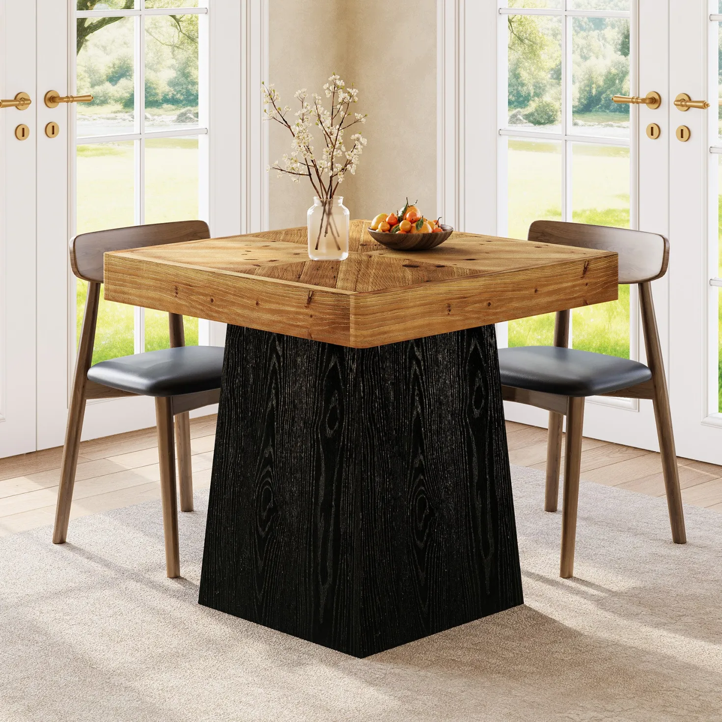 31" Solid Wood Square Dining Table for 2–4, Farmhouse Kitchen Table with Parquet Top & Tapered Base