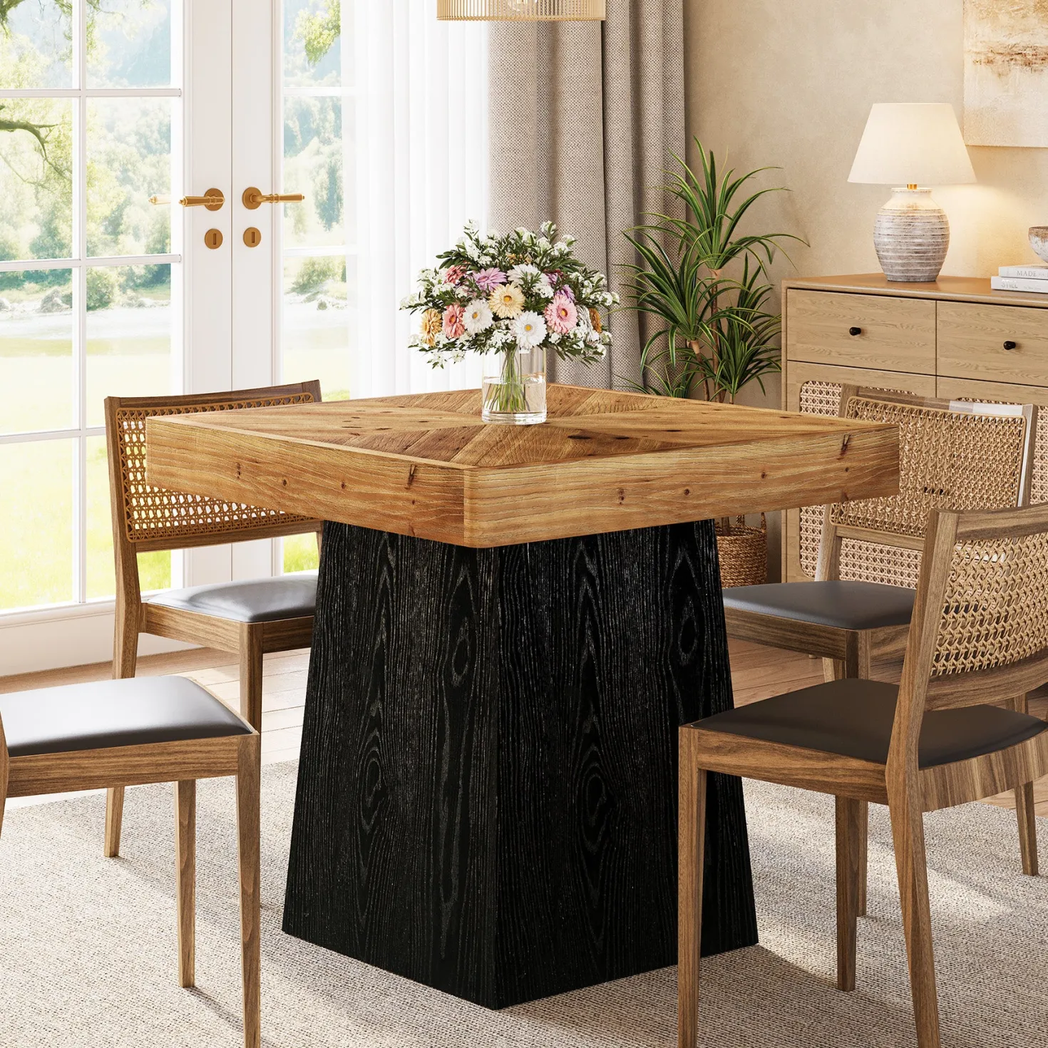 31" Solid Wood Square Dining Table for 2–4, Farmhouse Kitchen Table with Parquet Top & Tapered Base