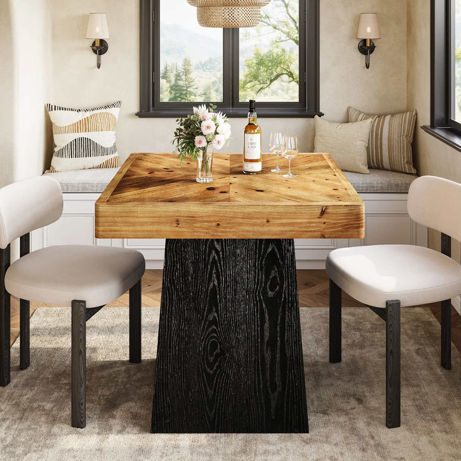 31" Solid Wood Square Dining Table for 2–4, Farmhouse Kitchen Table with Parquet Top & Tapered Base