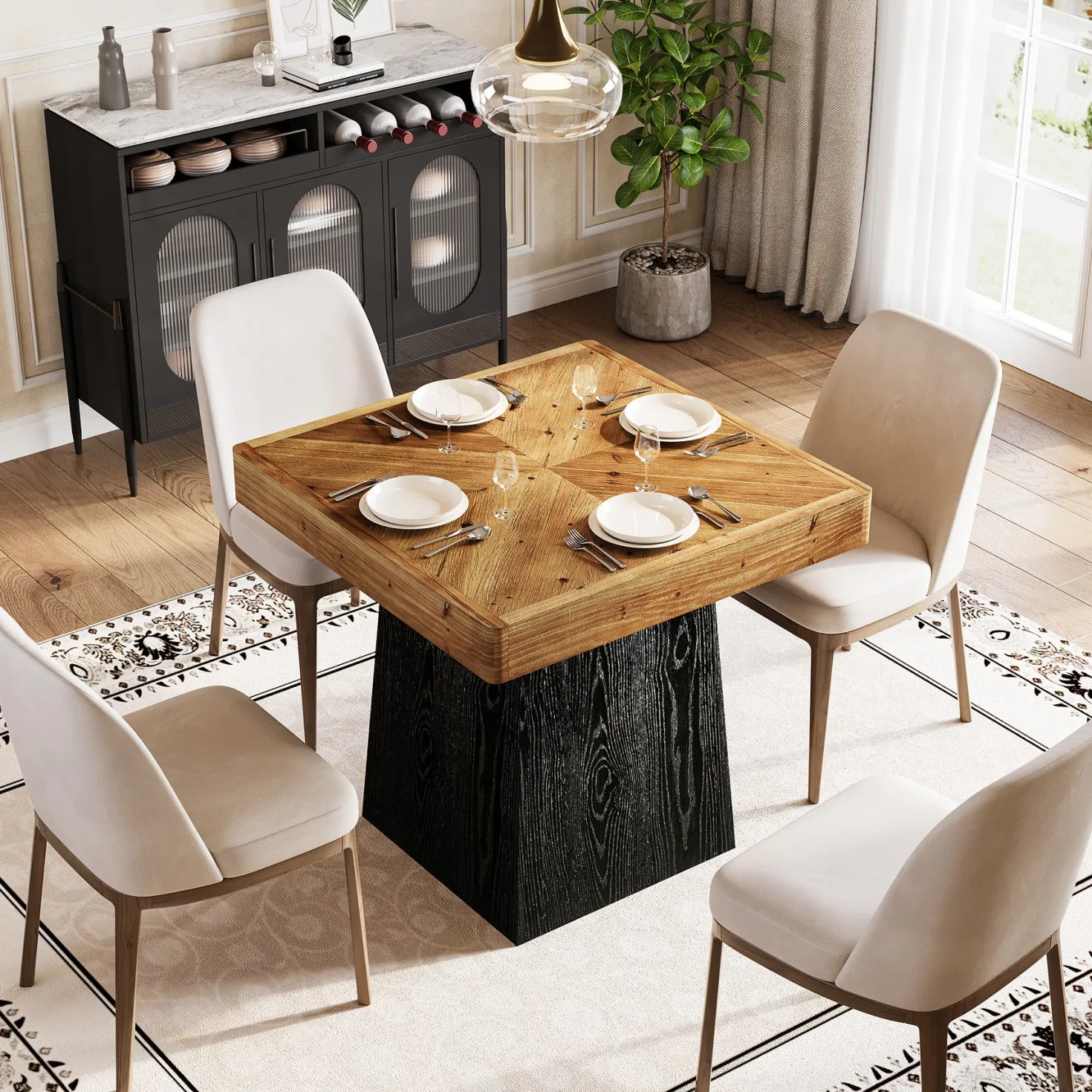 31" Solid Wood Square Dining Table for 2–4, Farmhouse Kitchen Table with Parquet Top & Tapered Base