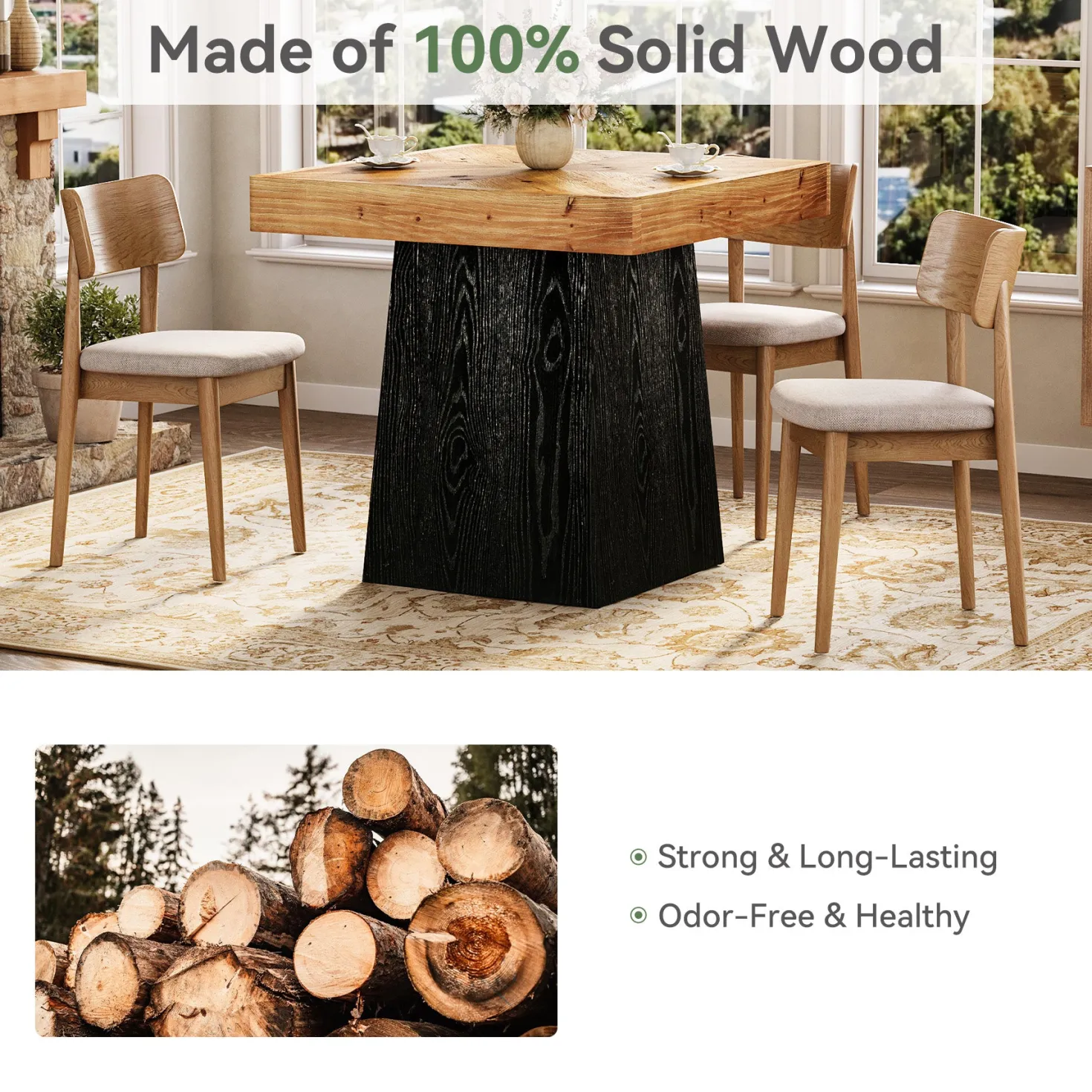31" Solid Wood Square Dining Table for 2–4, Farmhouse Kitchen Table with Parquet Top & Tapered Base