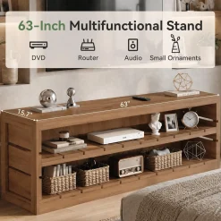 63" Solid Wood TV Stand, Farmhouse 3-Tier Television Stand for 55/60/65/75-Inch TV for Living Room Bedroom