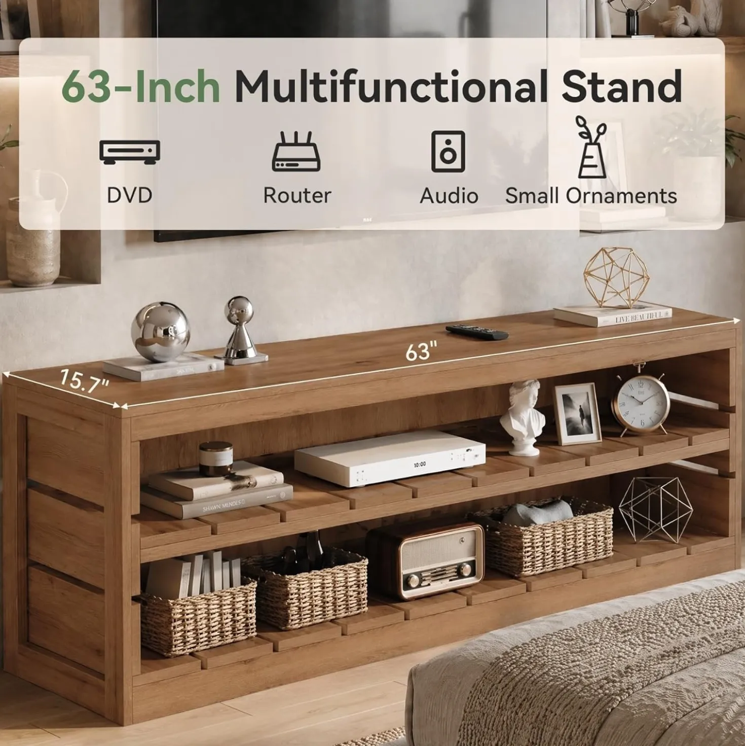 63" Solid Wood TV Stand, Farmhouse 3-Tier Television Stand for 55/60/65/75-Inch TV for Living Room Bedroom