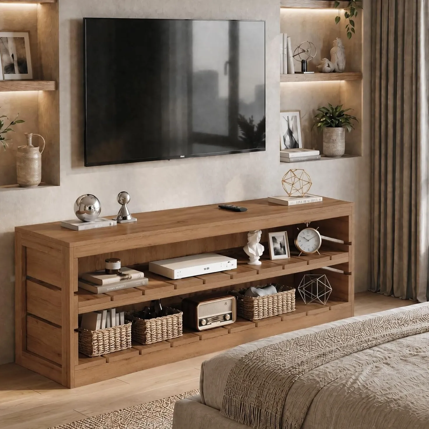 63" Solid Wood TV Stand, Farmhouse 3-Tier Television Stand for 55/60/65/75-Inch TV for Living Room Bedroom