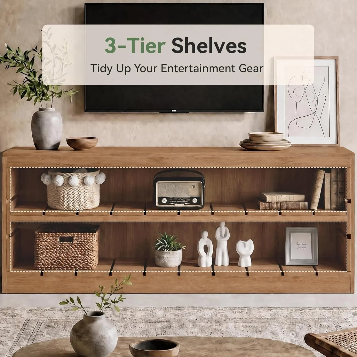 63" Solid Wood TV Stand, Farmhouse 3-Tier Television Stand for 55/60/65/75-Inch TV for Living Room Bedroom