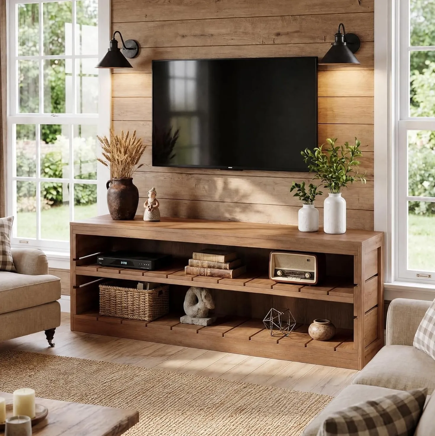 63" Solid Wood TV Stand, Farmhouse 3-Tier Television Stand for 55/60/65/75-Inch TV for Living Room Bedroom