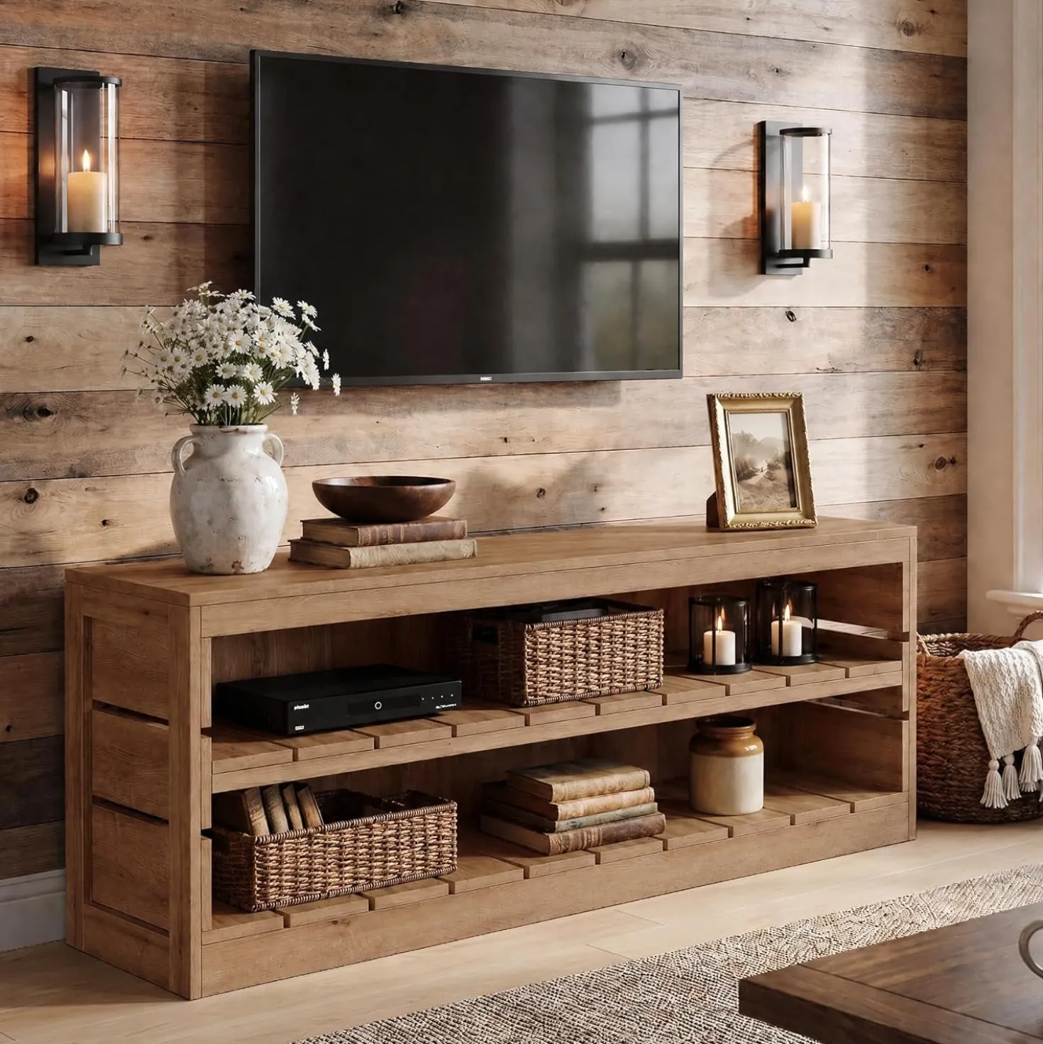 63" Solid Wood TV Stand, Farmhouse 3-Tier Television Stand for 55/60/65/75-Inch TV for Living Room Bedroom