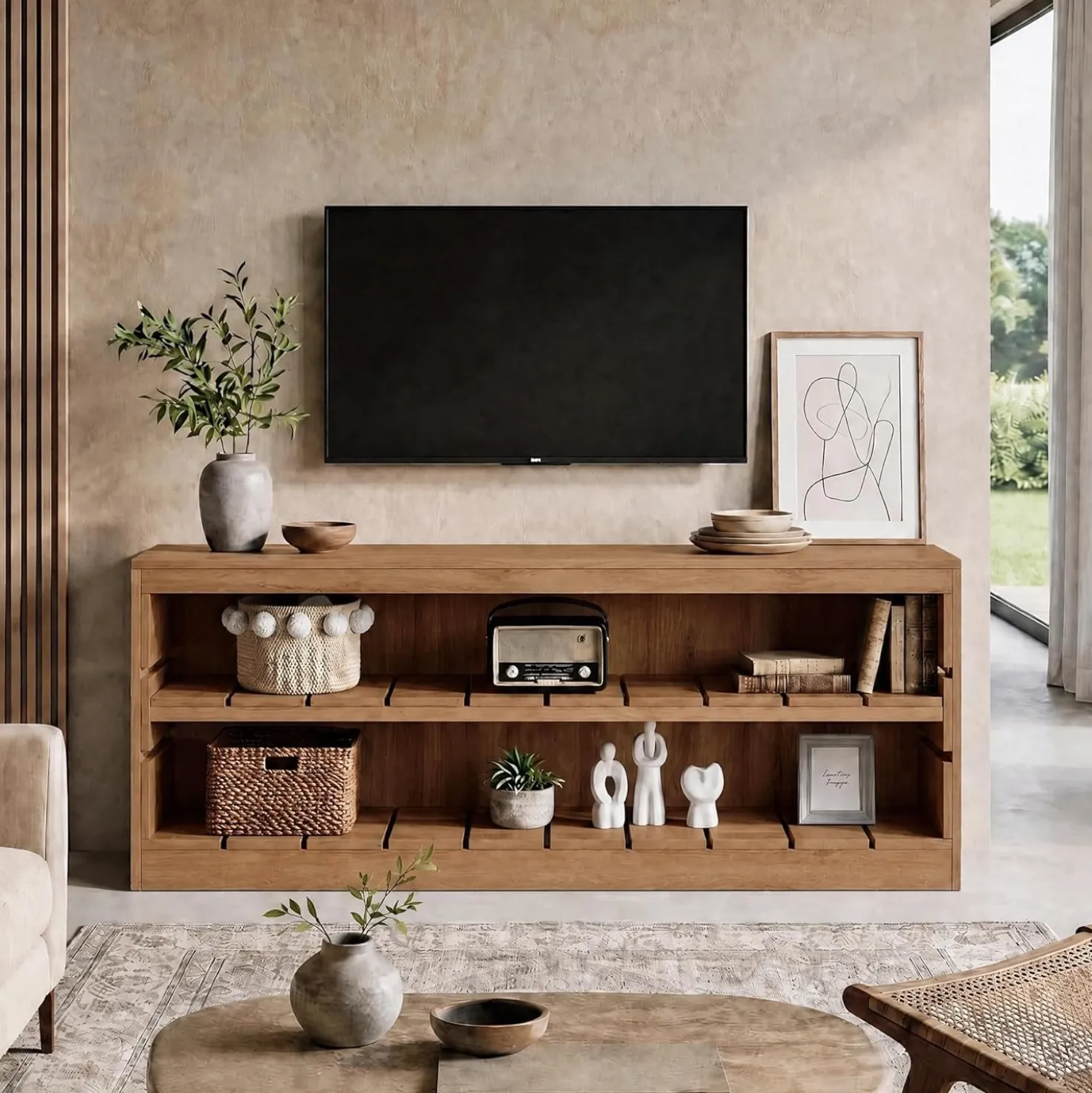 63" Solid Wood TV Stand, Farmhouse 3-Tier Television Stand for 55/60/65/75-Inch TV for Living Room Bedroom