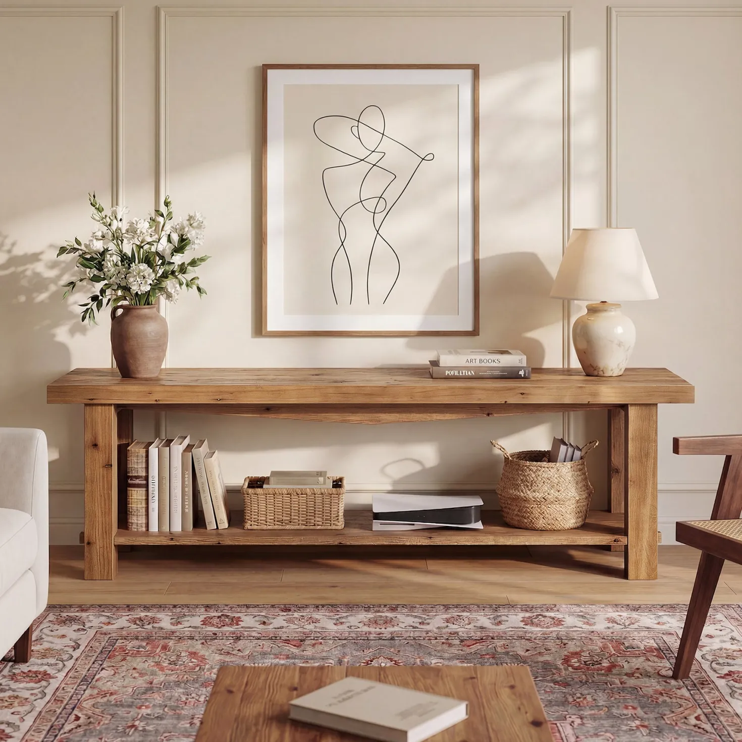 63" Solid Wood TV Stand, Farmhouse Entertainment Center for 55/65/75-Inch TV with Storage Shelves