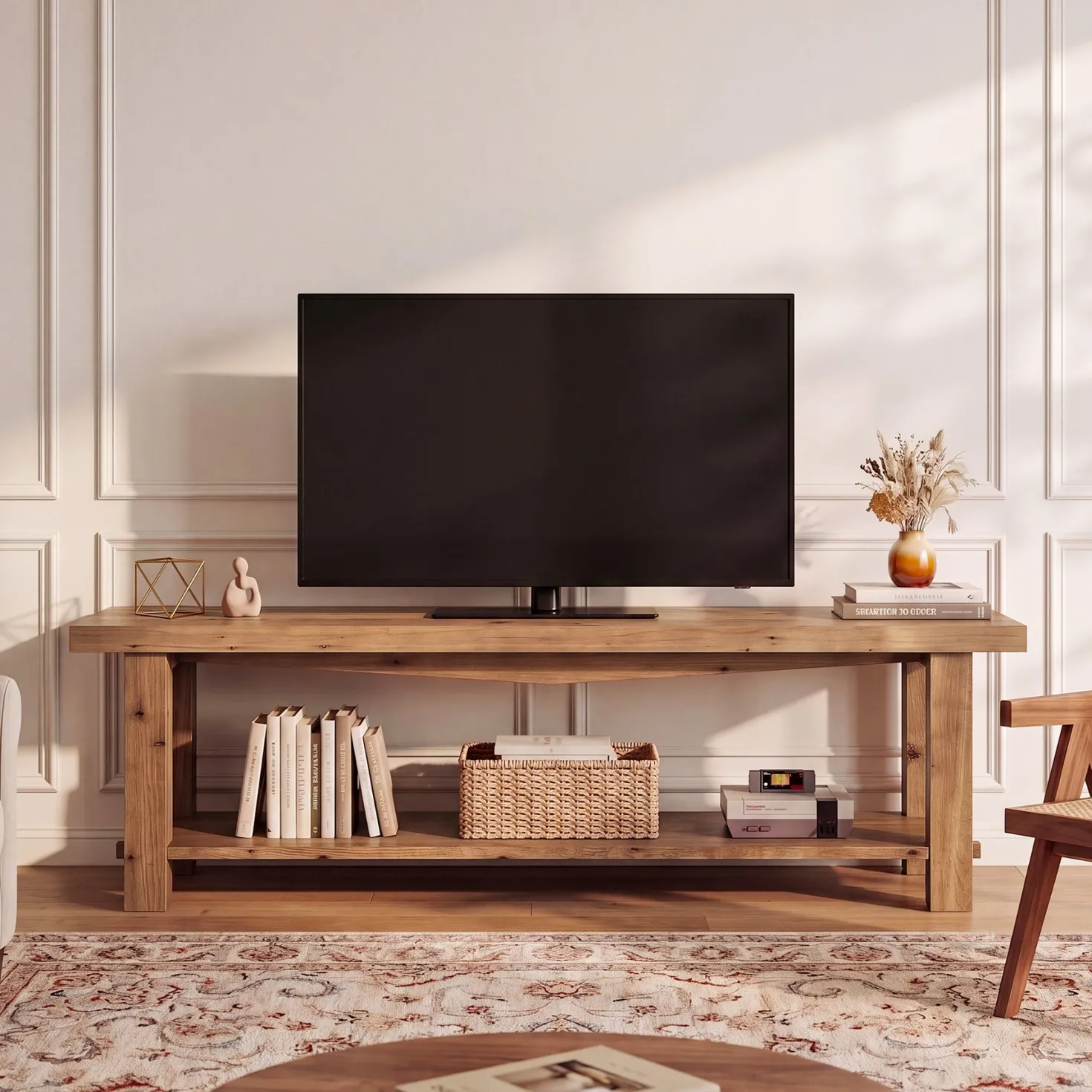 63" Solid Wood TV Stand, Farmhouse Entertainment Center for 55/65/75-Inch TV with Storage Shelves