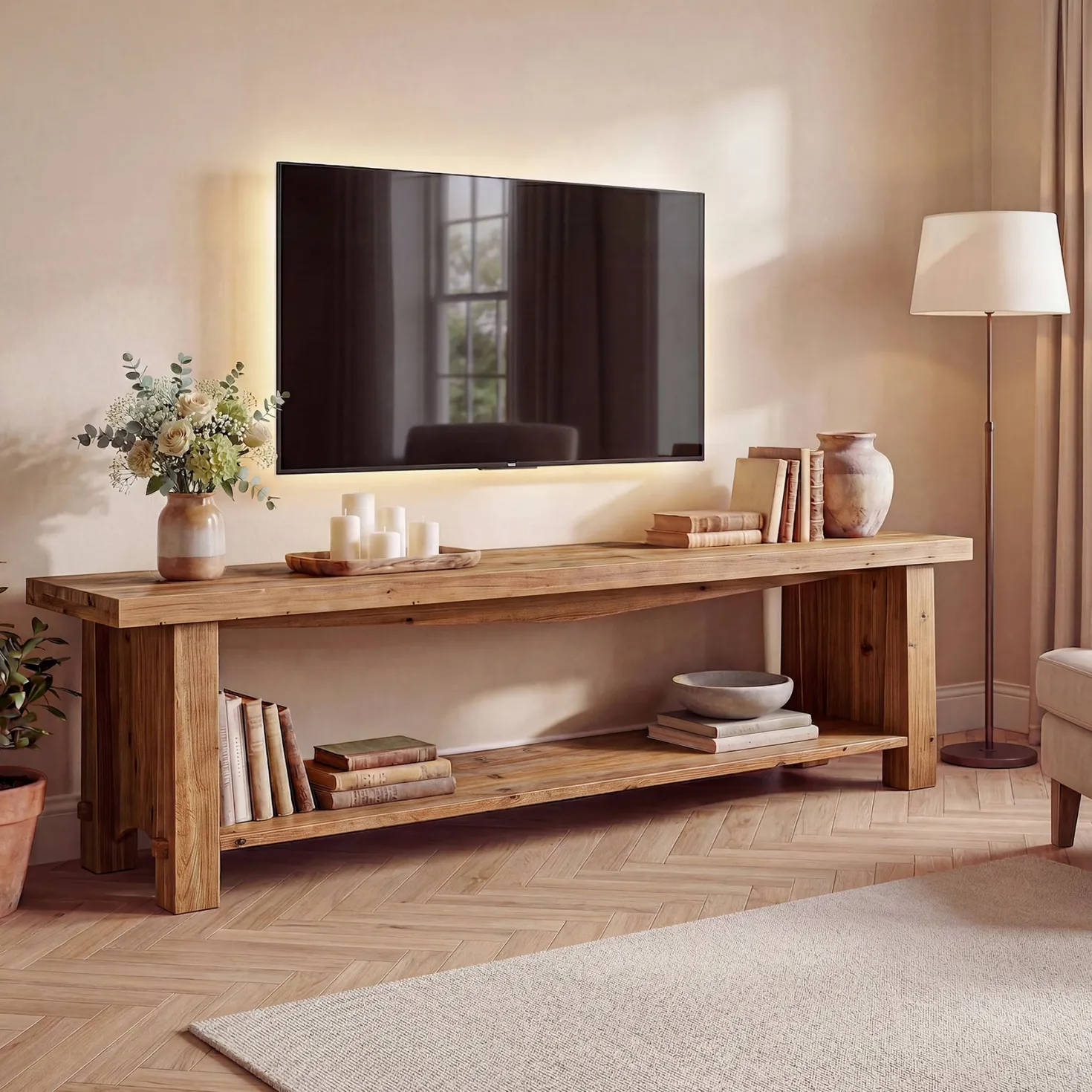 63" Solid Wood TV Stand, Farmhouse Entertainment Center for 55/65/75-Inch TV with Storage Shelves
