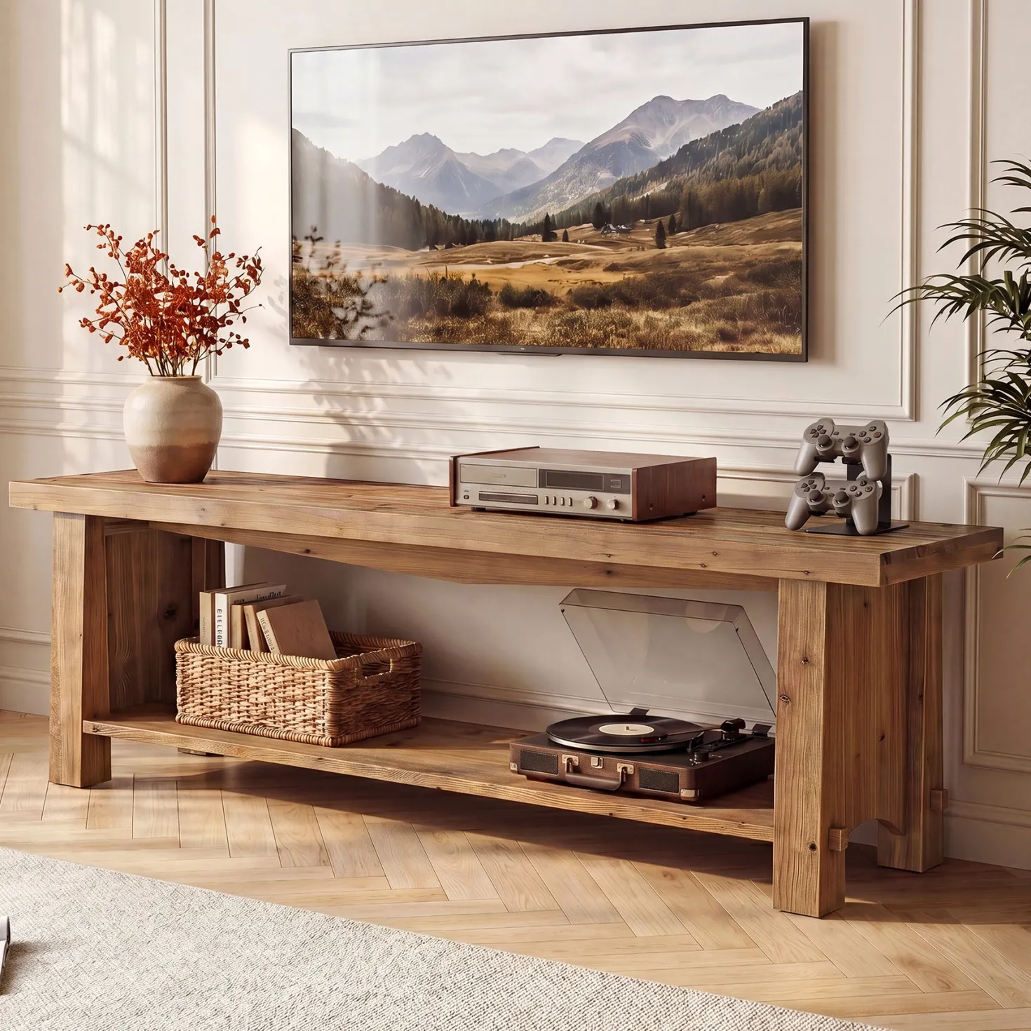 63" Solid Wood TV Stand, Farmhouse Entertainment Center for 55/65/75-Inch TV with Storage Shelves