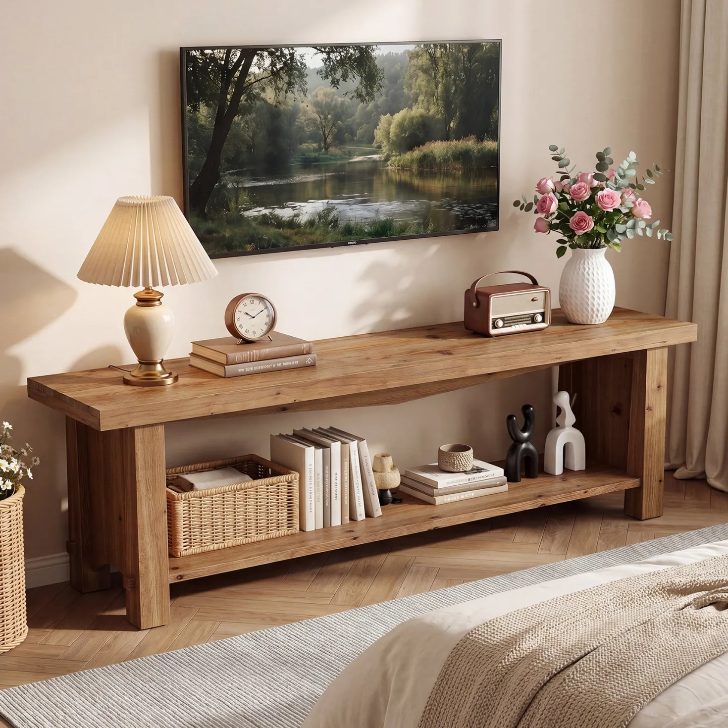 63" Solid Wood TV Stand, Farmhouse Entertainment Center for 55/65/75-Inch TV with Storage Shelves