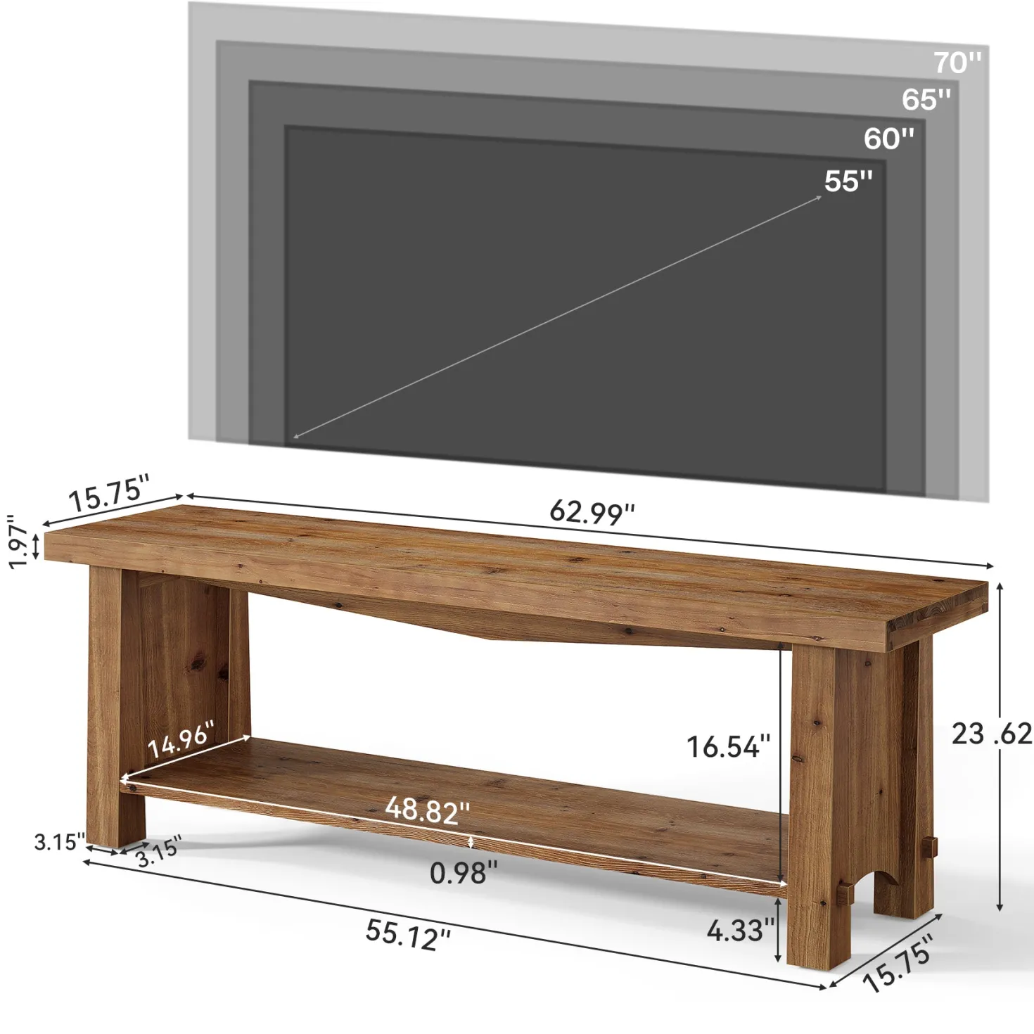 63" Solid Wood TV Stand, Farmhouse Entertainment Center for 55/65/75-Inch TV with Storage Shelves