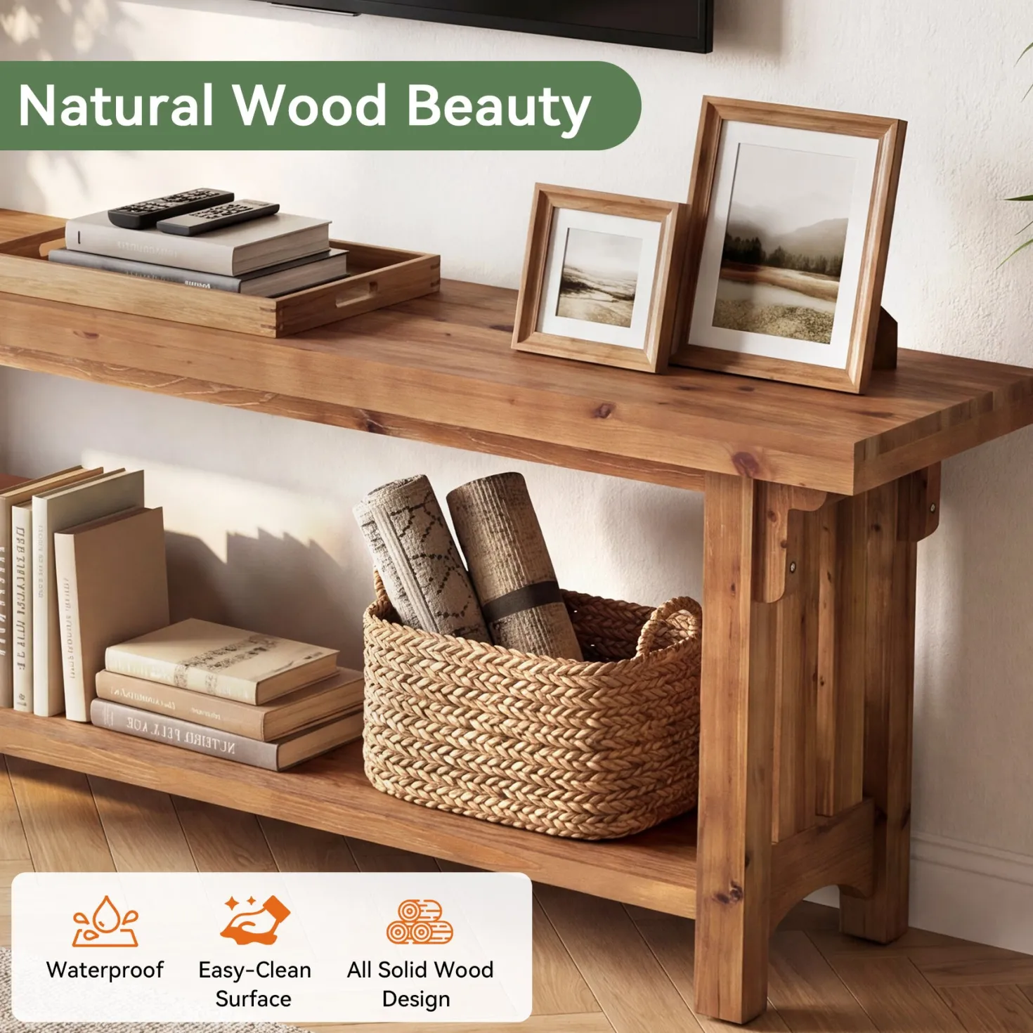 63" Solid Wood TV Stand, Farmhouse Entertainment Center with Storage Shelf for 75" TVs
