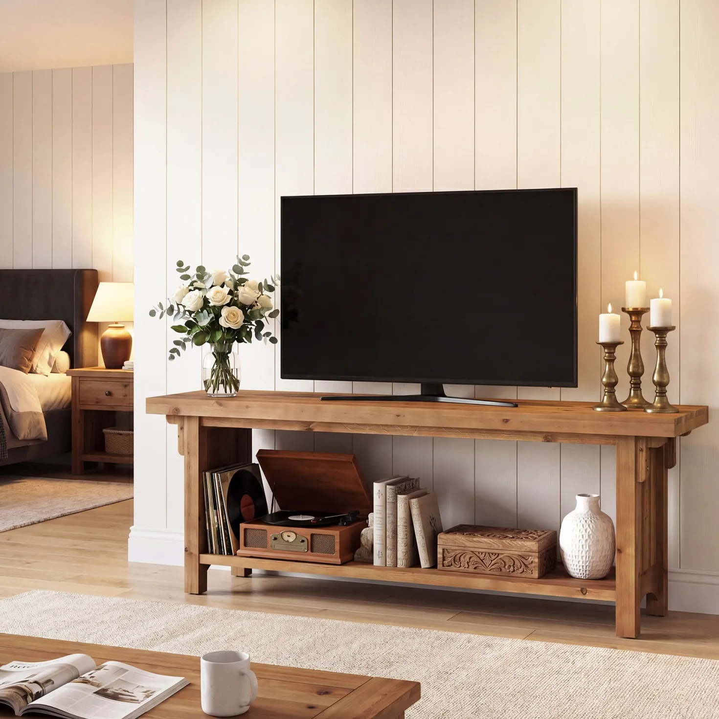 63" Solid Wood TV Stand, Farmhouse Entertainment Center with Storage Shelf for 75" TVs