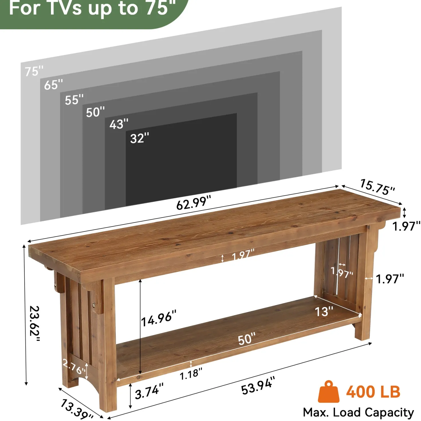 63" Solid Wood TV Stand, Farmhouse Entertainment Center with Storage Shelf for 75" TVs