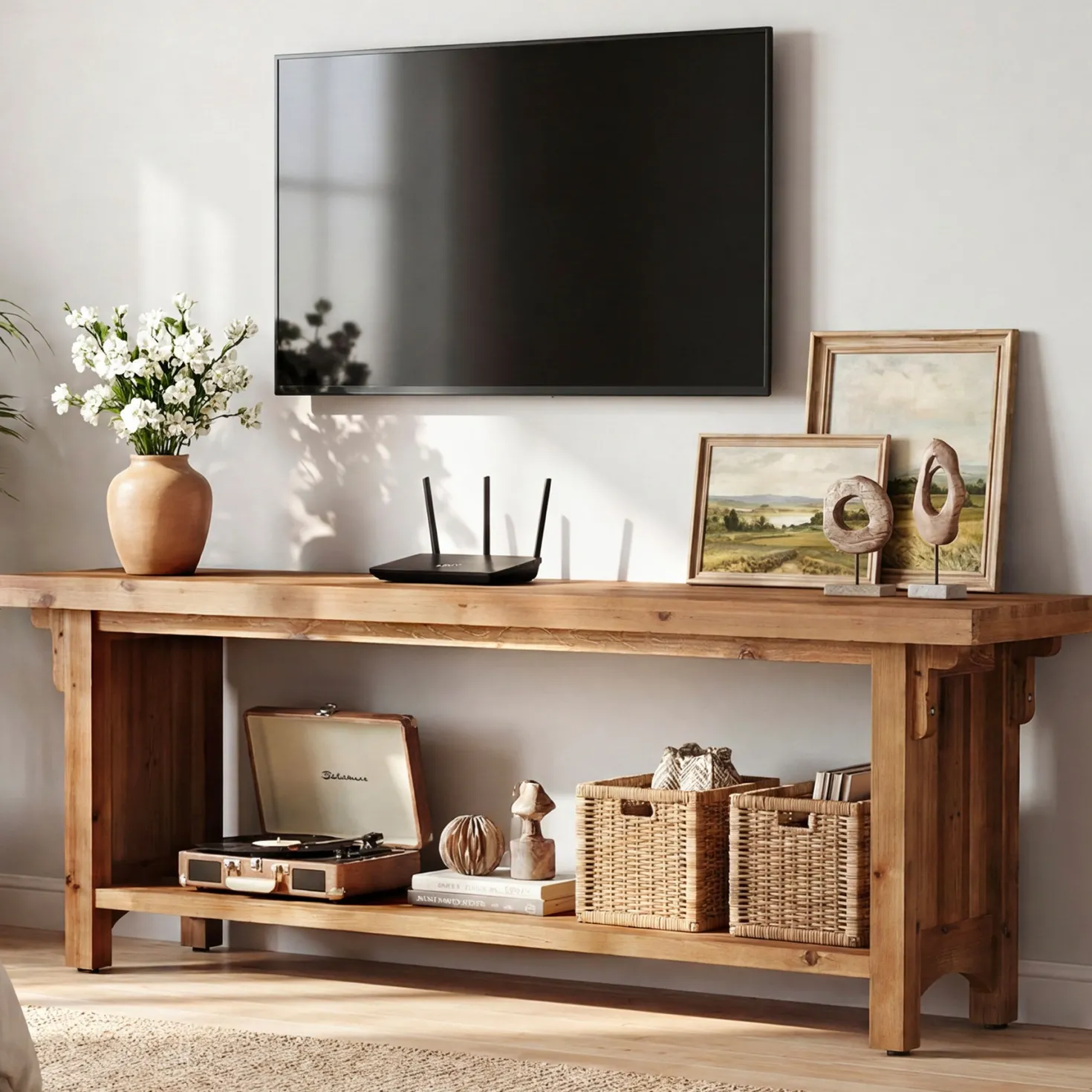 63" Solid Wood TV Stand, Farmhouse Entertainment Center with Storage Shelf for 75" TVs