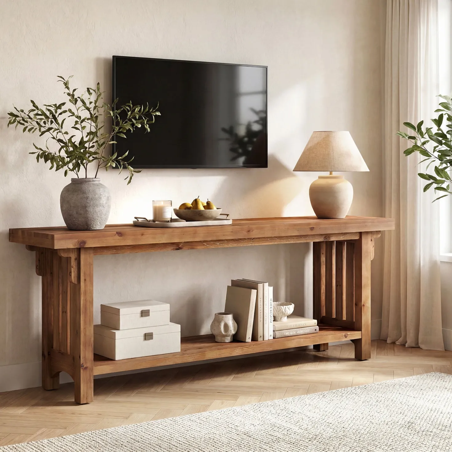63" Solid Wood TV Stand, Farmhouse Entertainment Center with Storage Shelf for 75" TVs