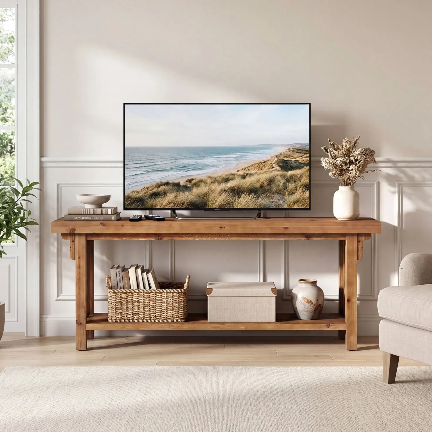 63" Solid Wood TV Stand, Farmhouse Entertainment Center with Storage Shelf for 75" TVs