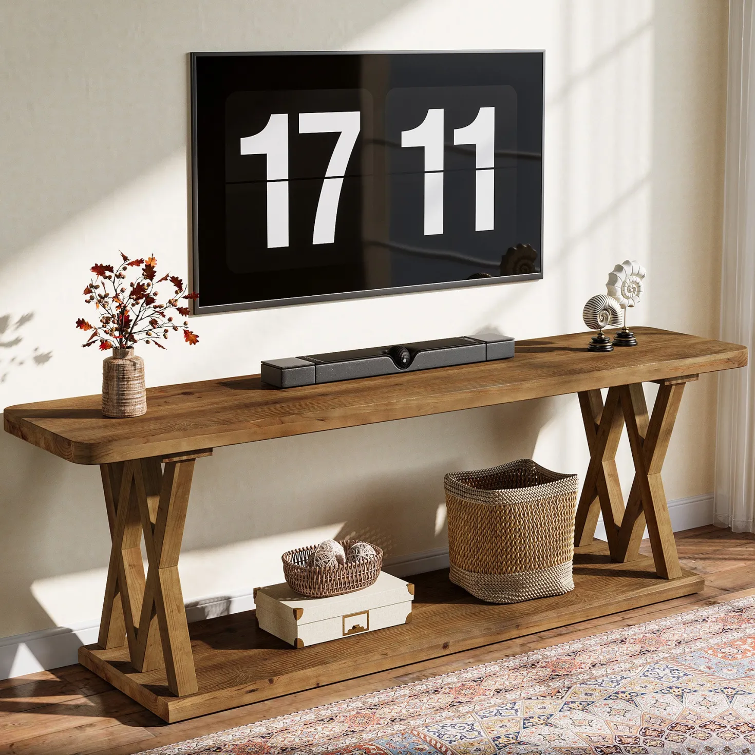 63" Solid Wood TV Stand, Farmhouse Entertainment Center for TVs Up to 75-Inch