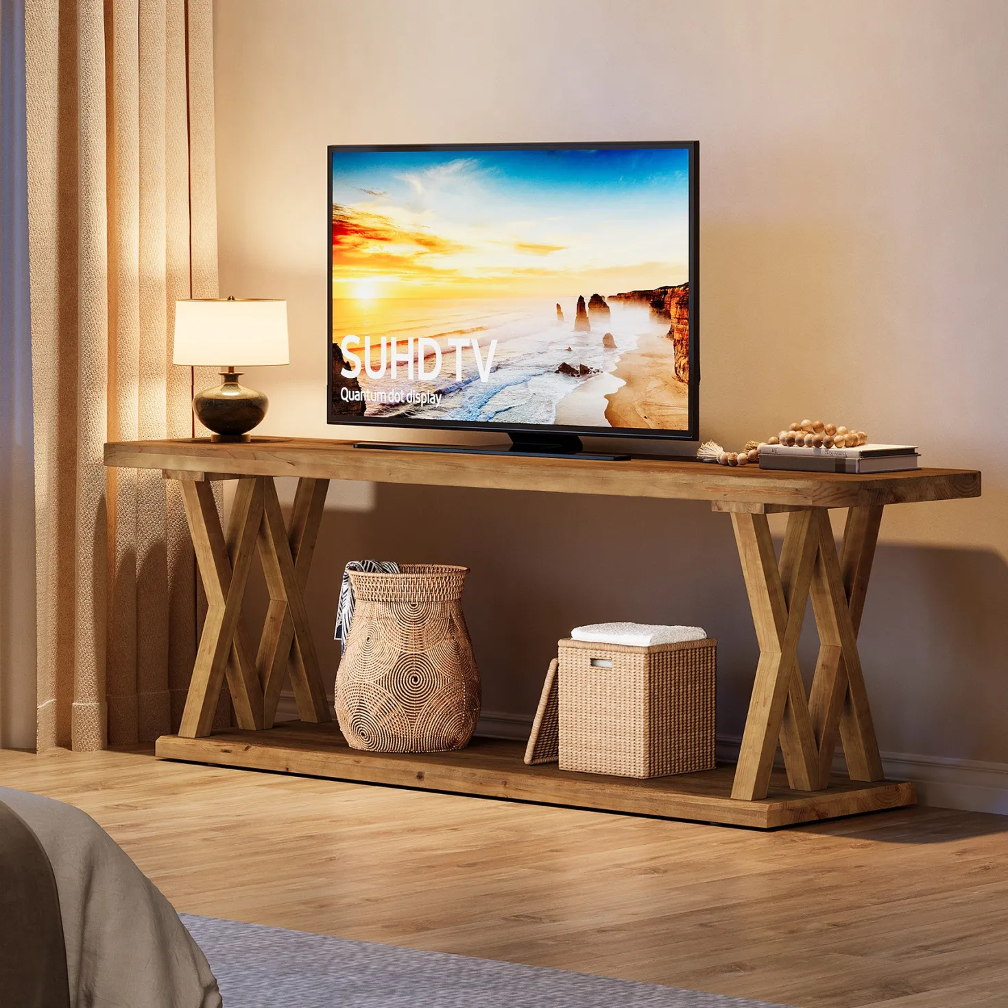63" Solid Wood TV Stand, Farmhouse Entertainment Center for TVs Up to 75-Inch