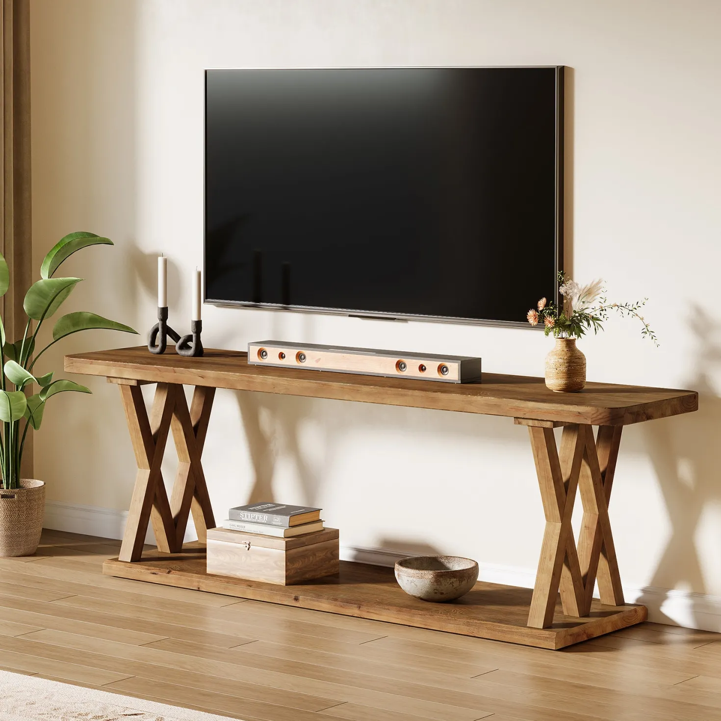 63" Solid Wood TV Stand, Farmhouse Entertainment Center for TVs Up to 75-Inch